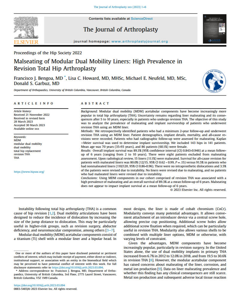 Dual mobility malseating study